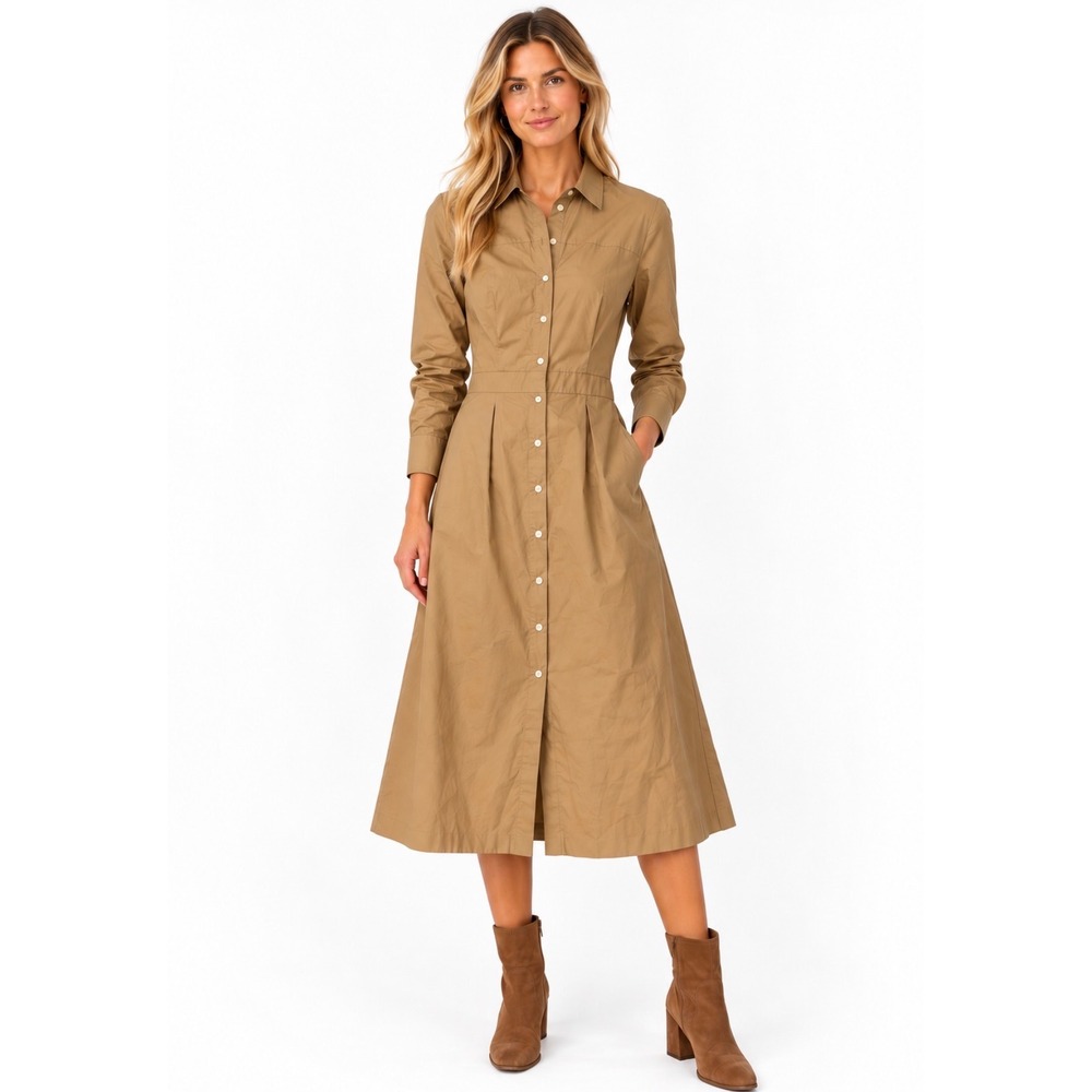 NWT J.Crew Stretch Cotton Poplin Midi Shirtdress in Honey Brown J5358 Size 00